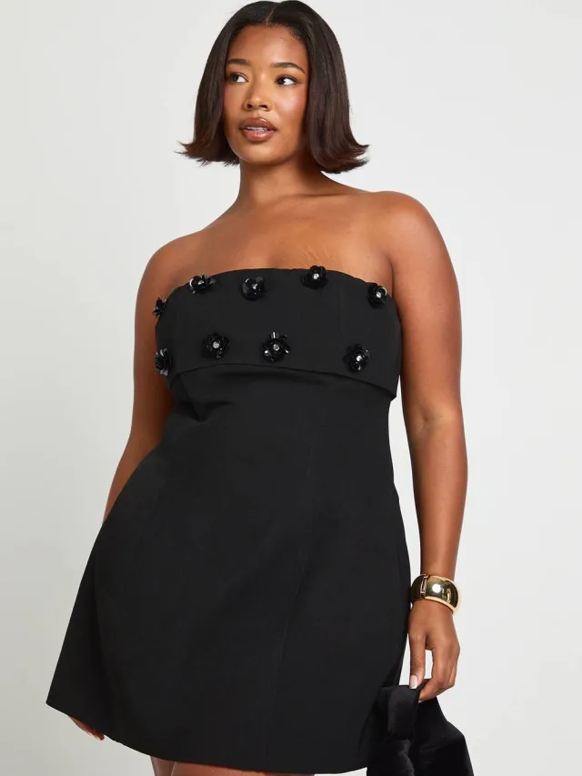 boohoo Dames Plus Versierde Bandeau Skater Jurk Zwart