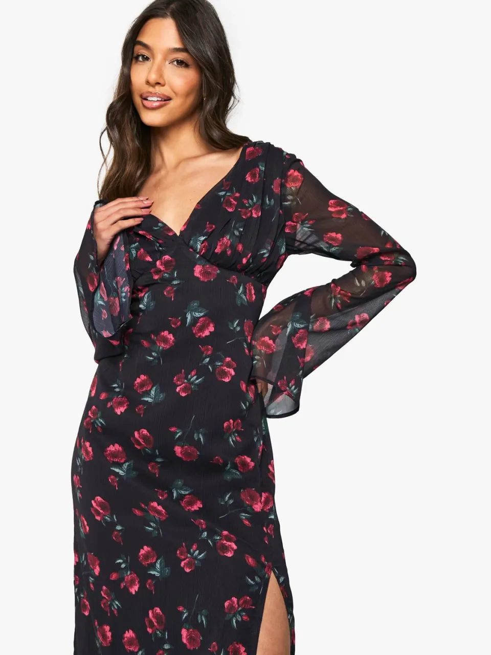 boohoo Dames Bloemige Chiffon Plongeer Maxi-jurk zwart, foto 2