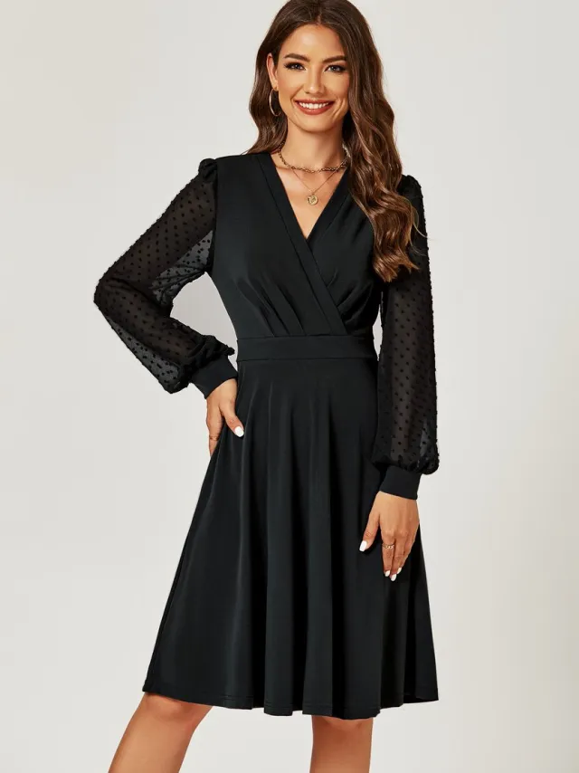 FS Collection Lange chiffonmouwen geplooide midi-jurk in zwart