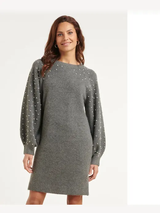 Smashed Lemon Gebreide jurk met pareldetails Grijs
