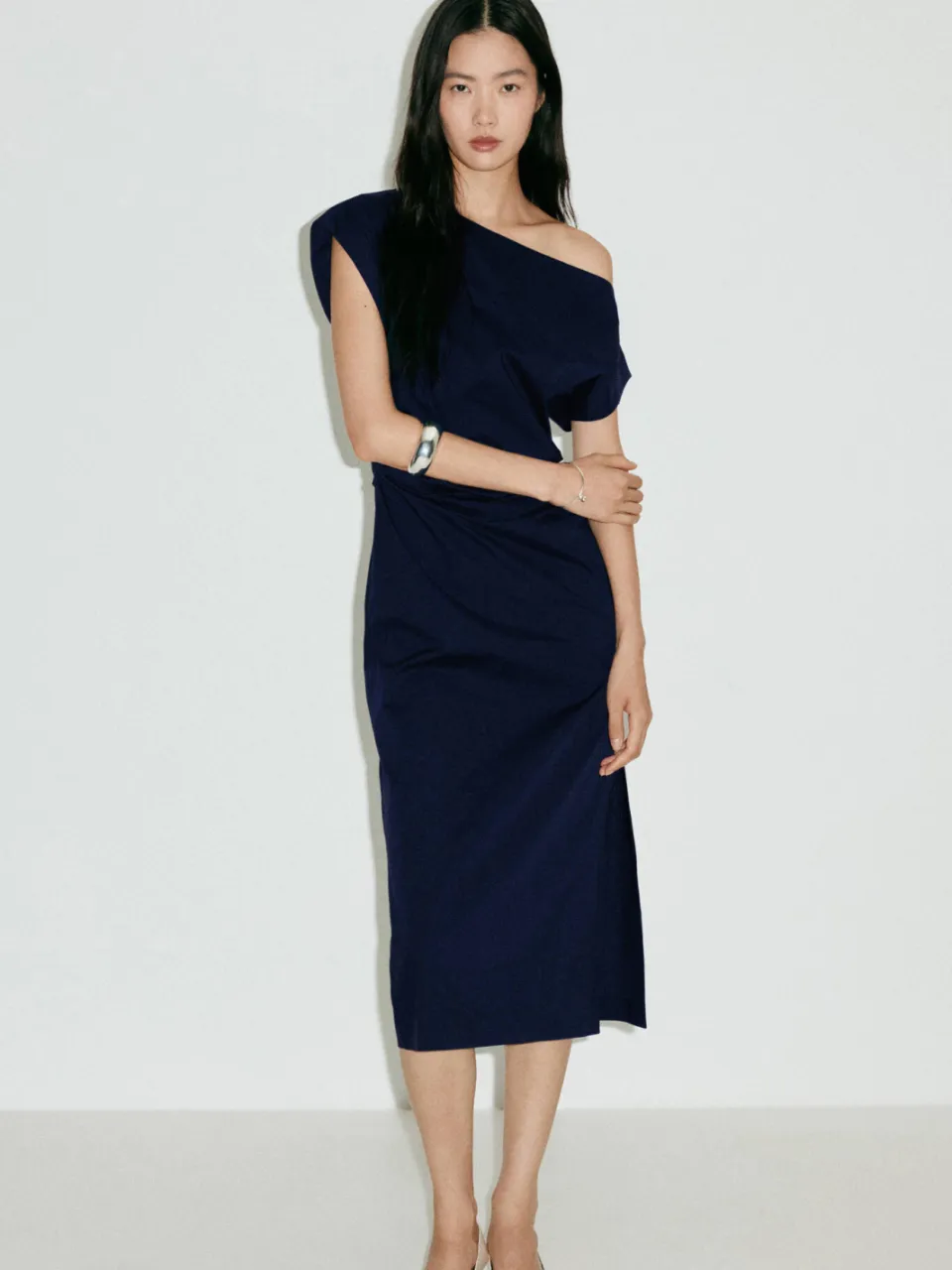 Mango off shoulder midi jurk - donkerblauw