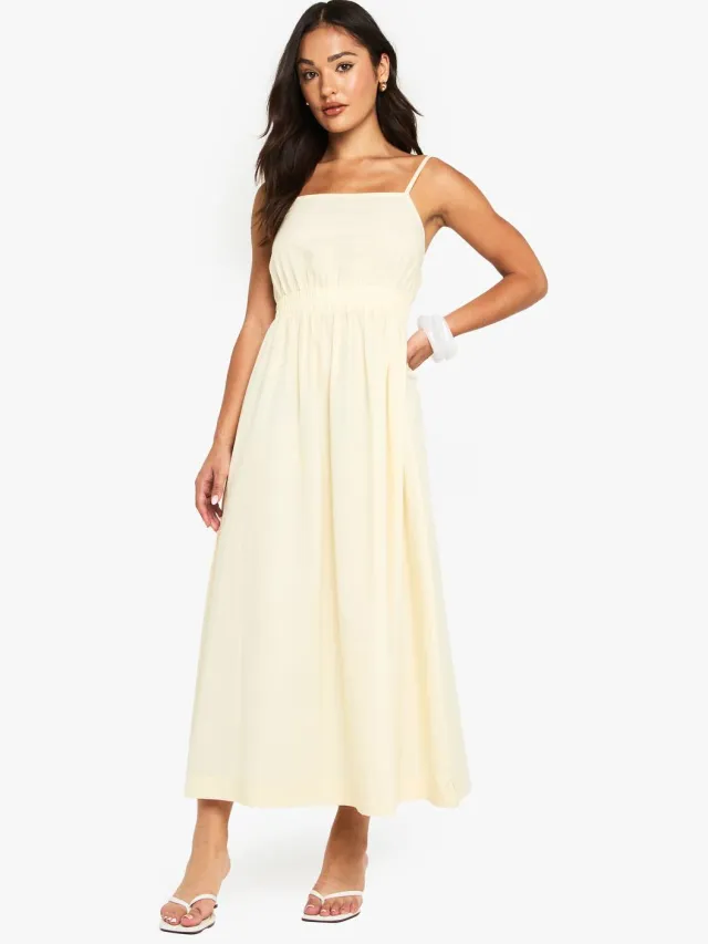 boohoo Dames Kleine Riemige Poplin Midaxi Jurk Citroen