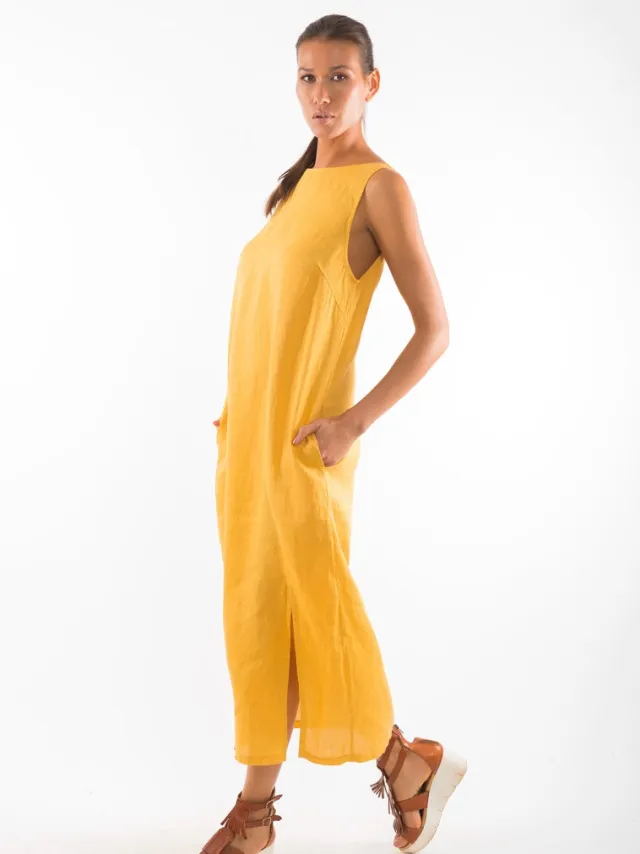 RAVENS VIEW IBIZA dames vegan Midi Jurk Gala Goudgeel Donkergeel