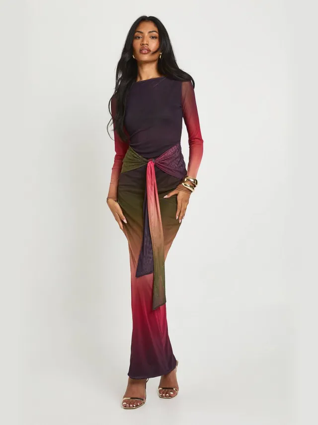 boohoo Dames Knoop Detail Lange Mouwen Maxi Jurk Multicolor