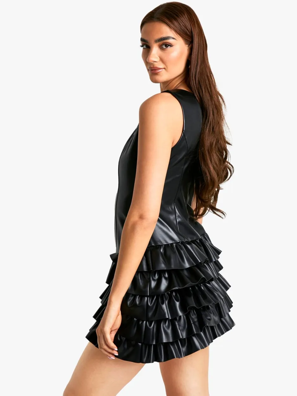boohoo Dames PU Ruffle Hem Mini Jurk zwart, foto 2