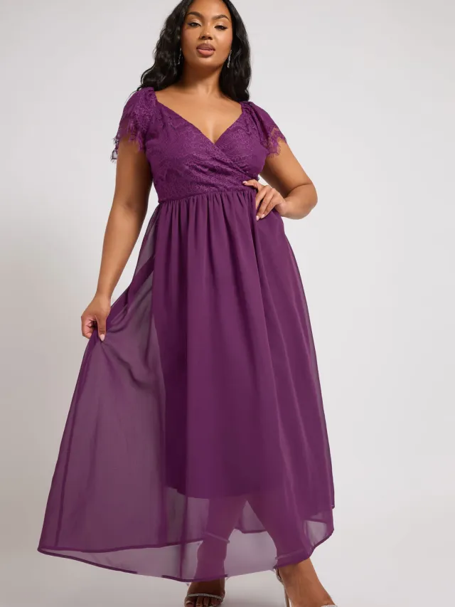 Yours London Lange Wikkeljurk Met Kant En Kapmouwen In Paars-56 Purple