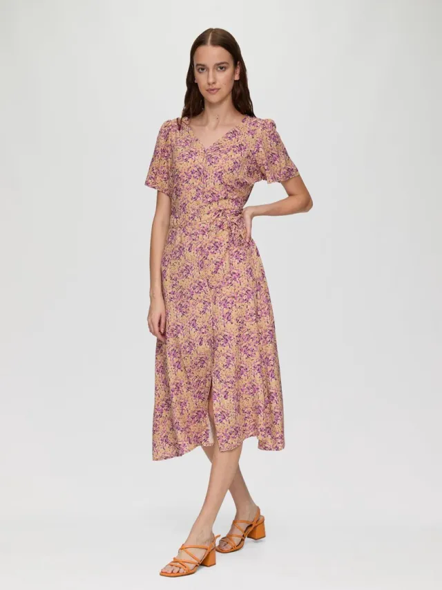 QS female - Aansluitende viscose jurk met all-over print lichtbruin