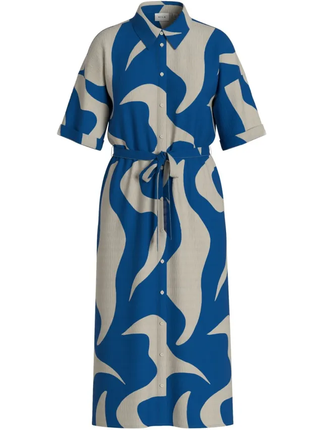 Vila Zeya Zera 2/4 Midi Jurk Dames blauw - off white