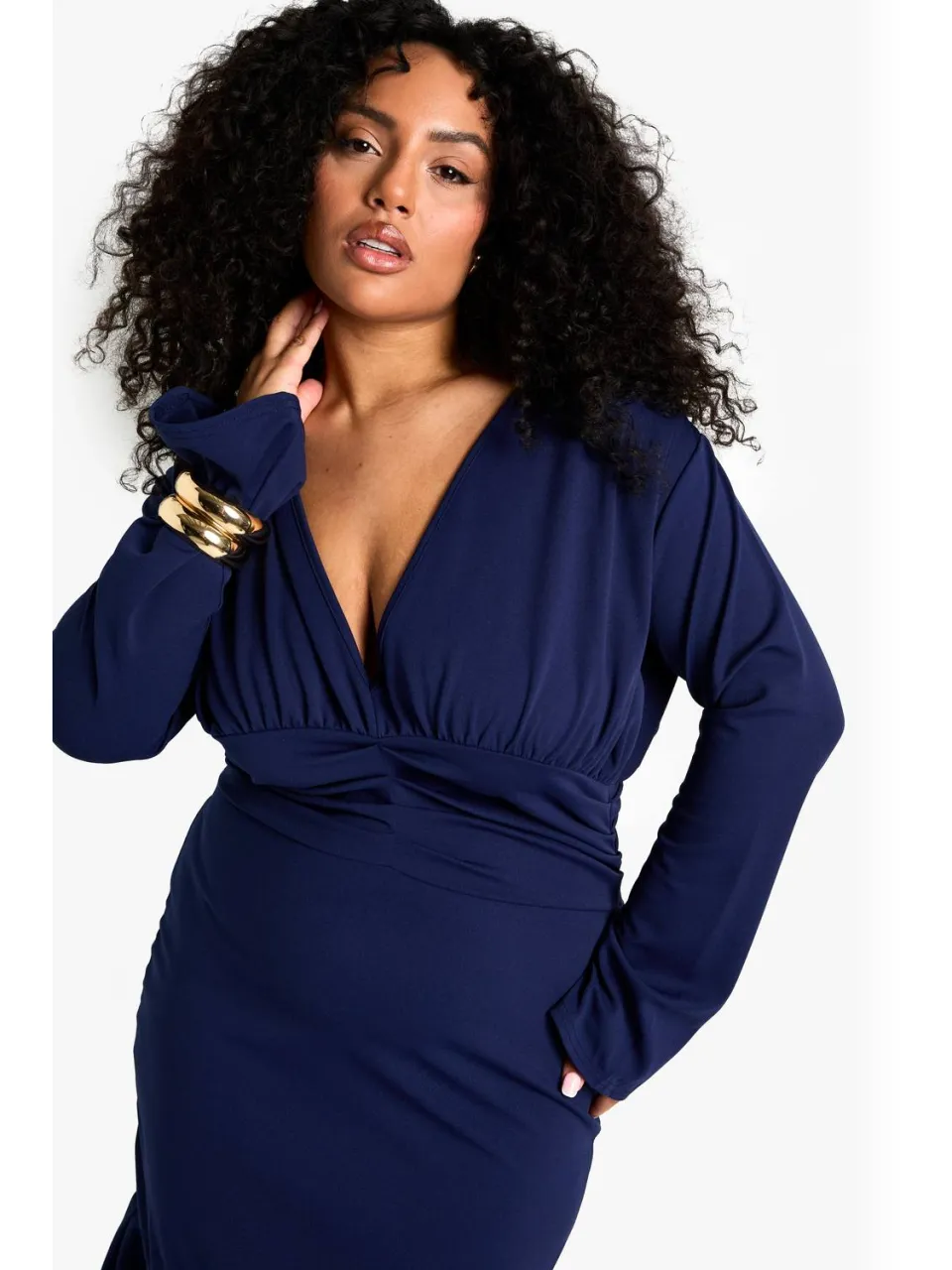boohoo Dames plus asymmetrische plunge midi-jurk marineblauw, foto 4