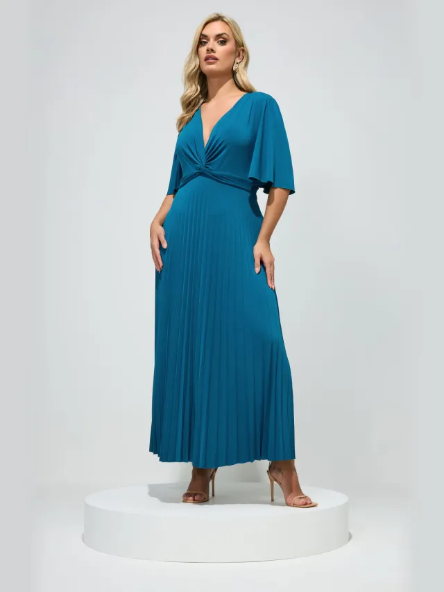 Yours London Tealblauwe Geplooide Maxijurk Met Knoop Blue