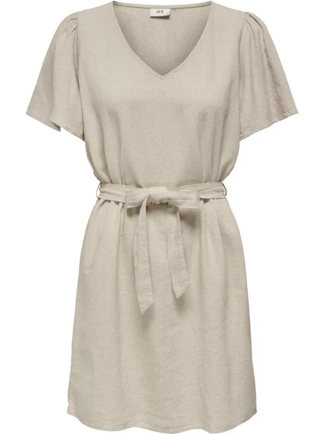 JDY JDYSAY S/S LINEN BELL DRESS WVN NOOS - Dames - Mini jurken Oatmeal;Melange