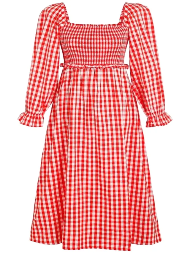 Miso Midi-jurk met lange mouwen en gingham-patroon voor dames (Rood, Wit)
