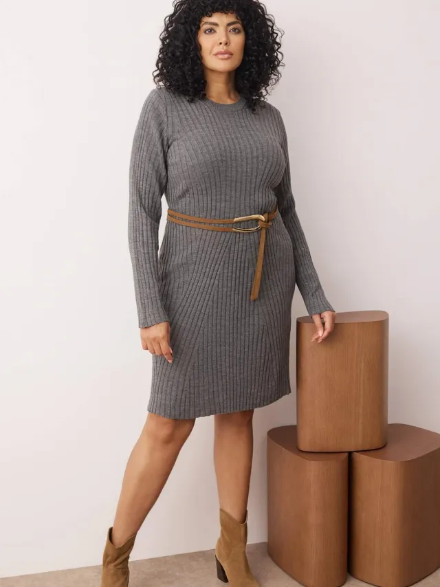 Trendyol Curve Dames Grijs Effen Kort / Mini Lang Casual Bodycon Grote maten Jurk