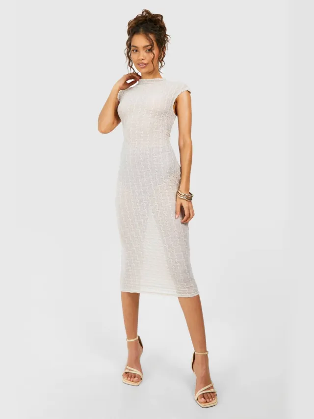 boohoo Dames Midaxi-jurk met trechterhals, textuur en capmouwen Ivoor