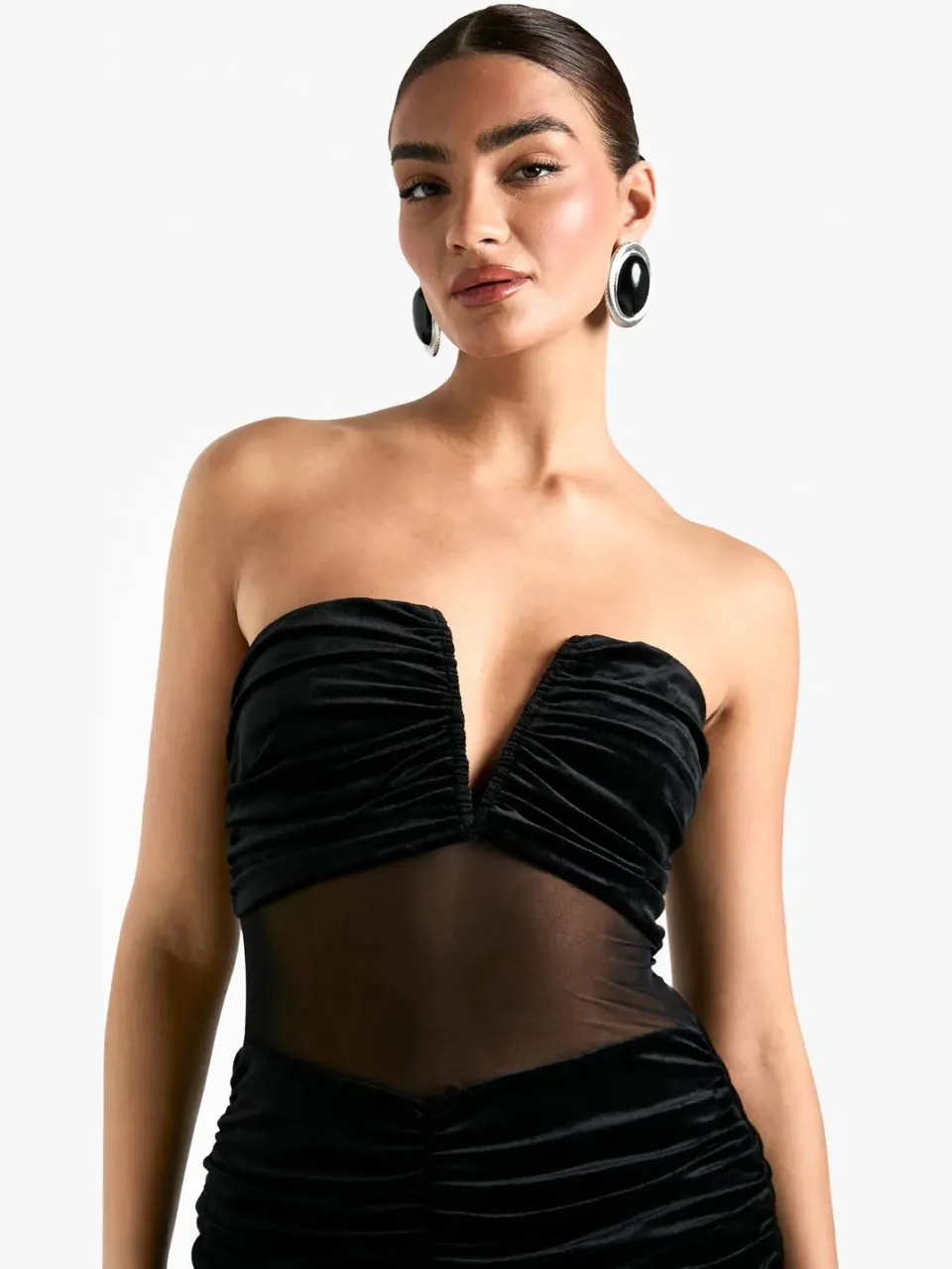boohoo Dames Velvet Mesh Plunge Ruched Maxi Jurk zwart, foto 3