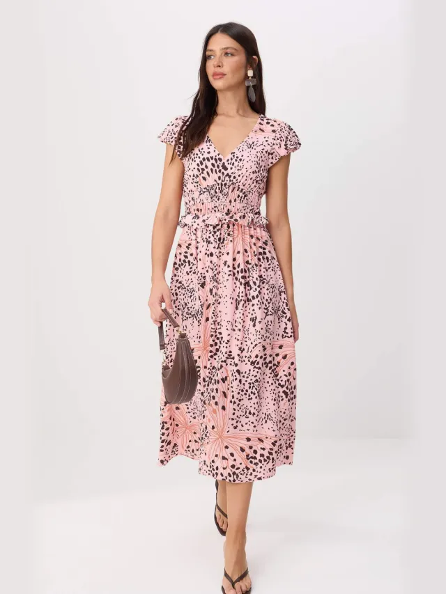 Trendyol TRENDYOLMİLLA Dames Roze Dierenprint Midi Kort Casual A-lijn Jurken