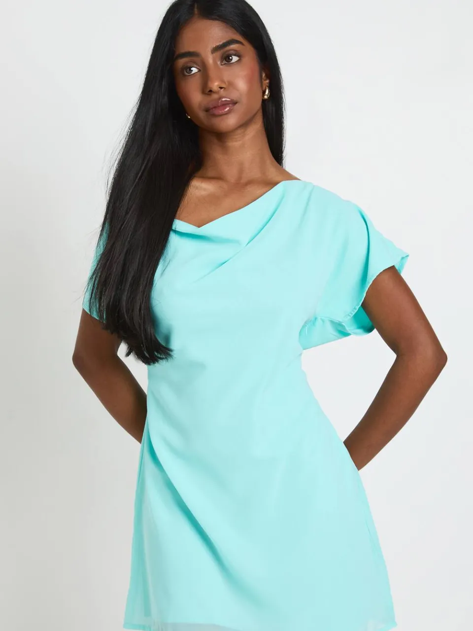boohoo Dames Chiffon Mini Jurk Met Drapering En Open Rug aqua, foto 4