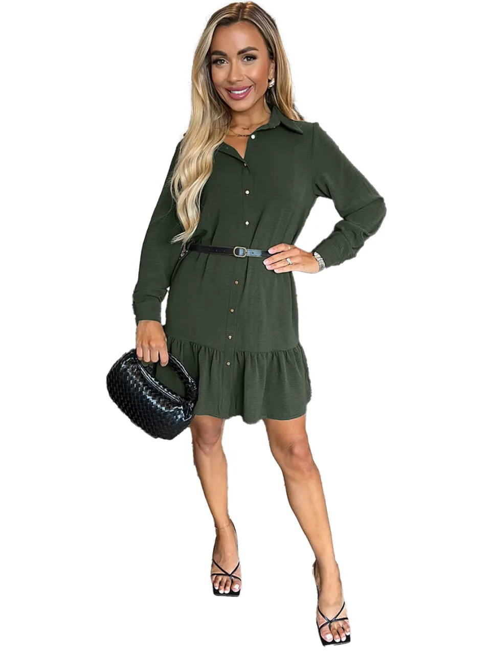 AX Paris Mini-shirtjurk met lange mouwen en een rand met ruches voor dames (Olijf), foto 2