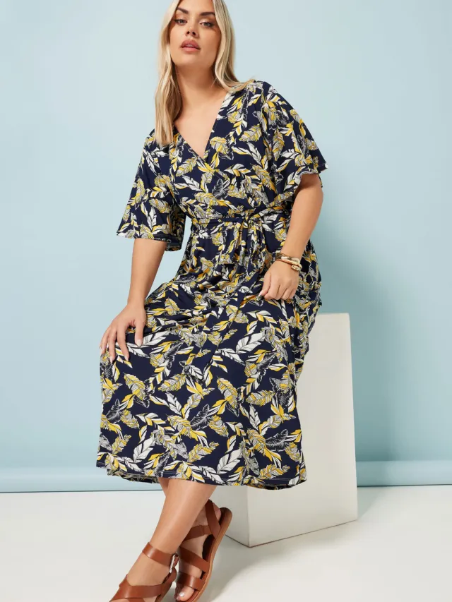 Yours Midaxi Wikkeljurk Met Bladerprint En Korte Mouwen In Donkerblauw/Geel-52 Blue