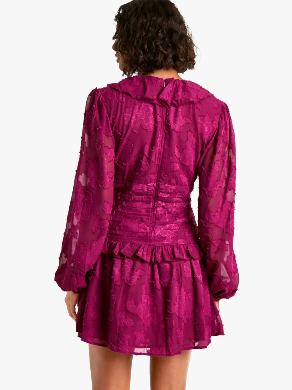 boohoo Dames Lange Bloemen Burnout Ruffle Plunge Gerimpelde Skater Jurk pruim, foto 2