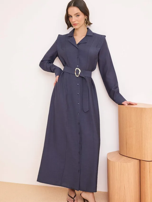 Turkishsouq Marineblauwe platte maxi-jurk voor dames, geschikt voor casual/dagelijks gebruik met hijab. Marineblauw/Blauw