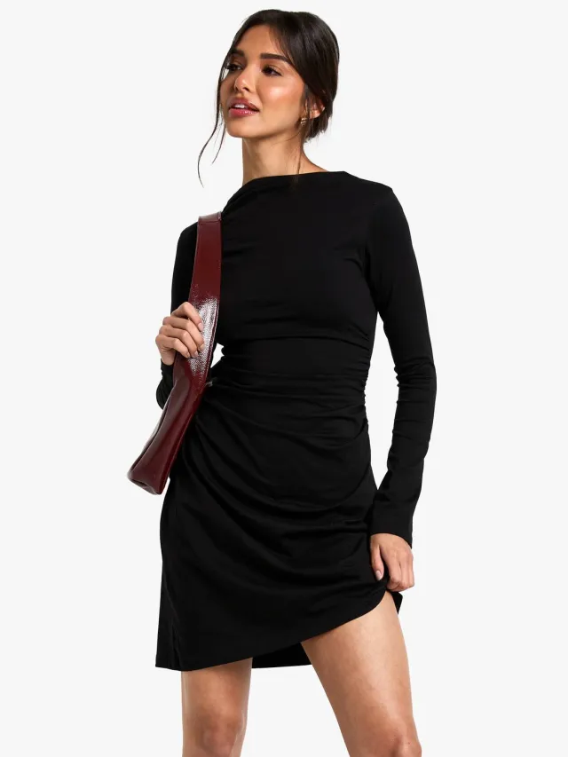 boohoo Dames Geruched Zij T-shirt Mini-jurk Zwart