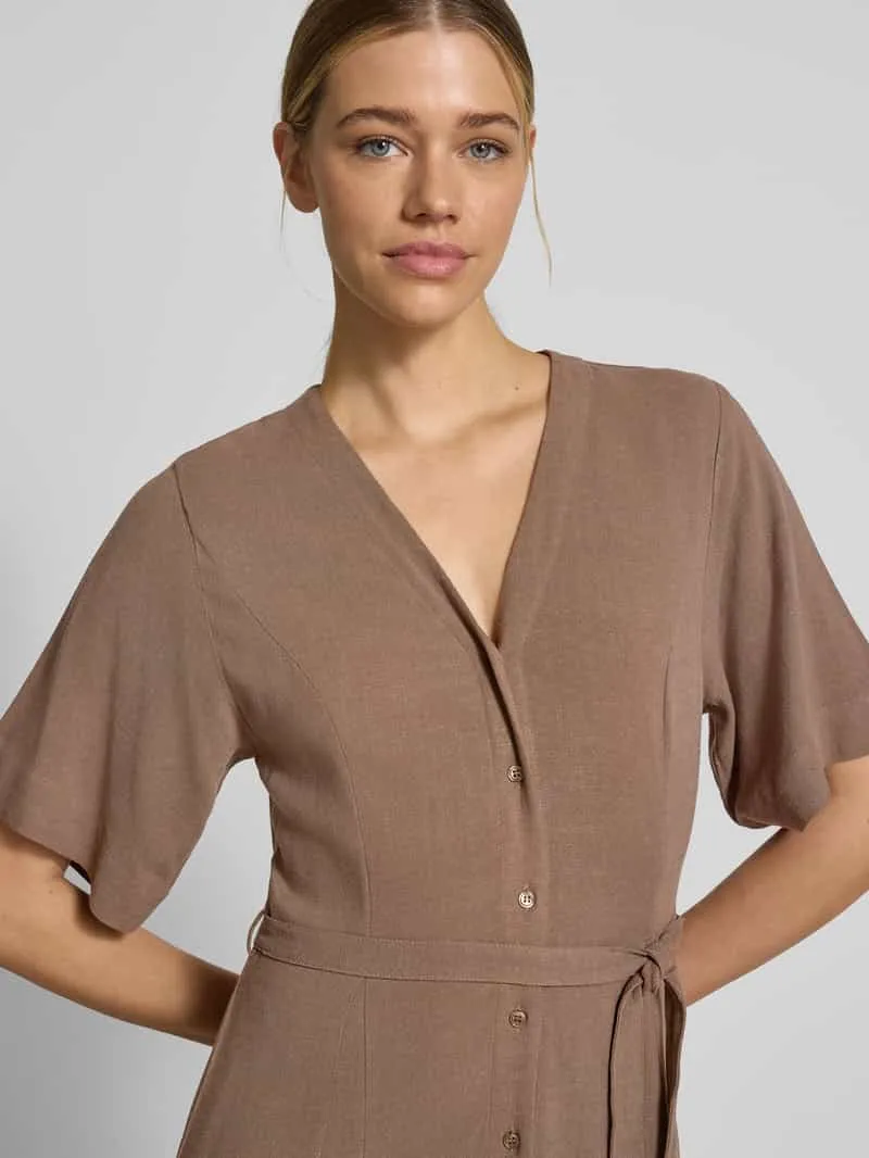Selected regular fit linnen jurk met V-hals model 'VIVA' taupe, foto 5