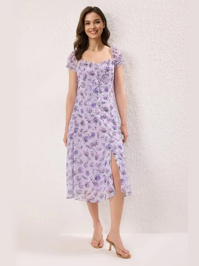 Trendyol TRENDYOLMİLLA Dames Paars Bloemen Midi Kort Casual A-lijn Jurken Lila