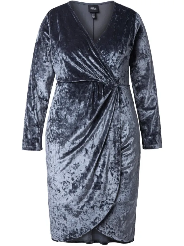 Ulla Popken Dames - Midi-jurk van fluweel wikkellook V-hals lange mouwen - Leisteen