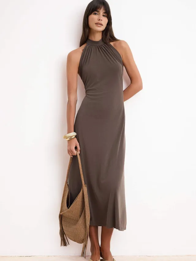 Turkishsouq Platte, mouwloze midi-jurk voor dames, casual/dagelijks model. Bruin