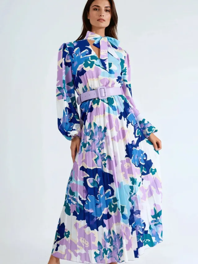 MSN Collection Abstracte Print Midi-jurk met Choker Kraag Paars