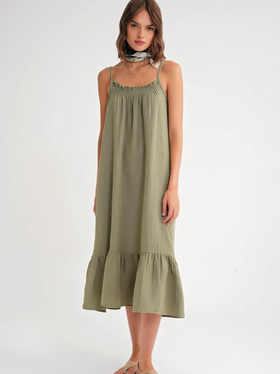 Mixray Midi Musselinen Jurk met Ruffle Detail saliegroen, foto 2