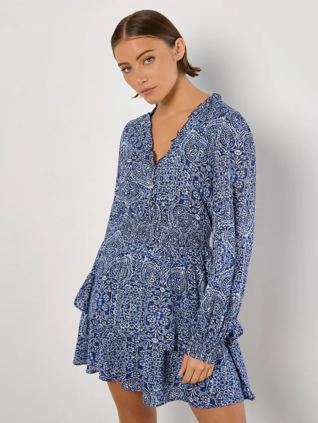 Apricot Mini-jurk met batikprint en gelaagde rok Marine