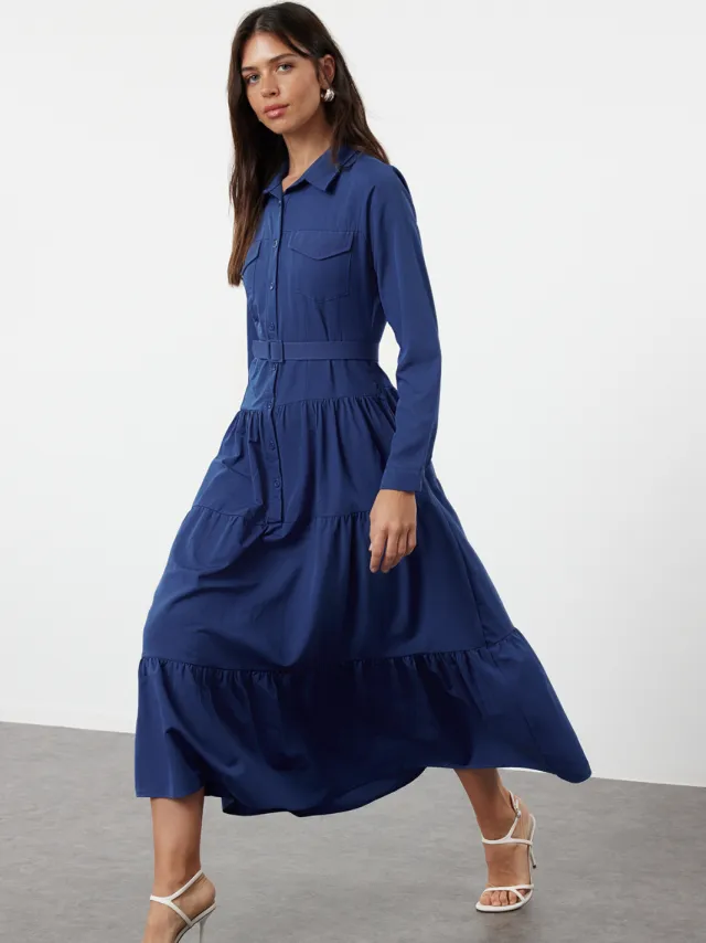 Trendyol Modest Dames Blauw Maxi Lang Casual Blousejurk Modest Jurken