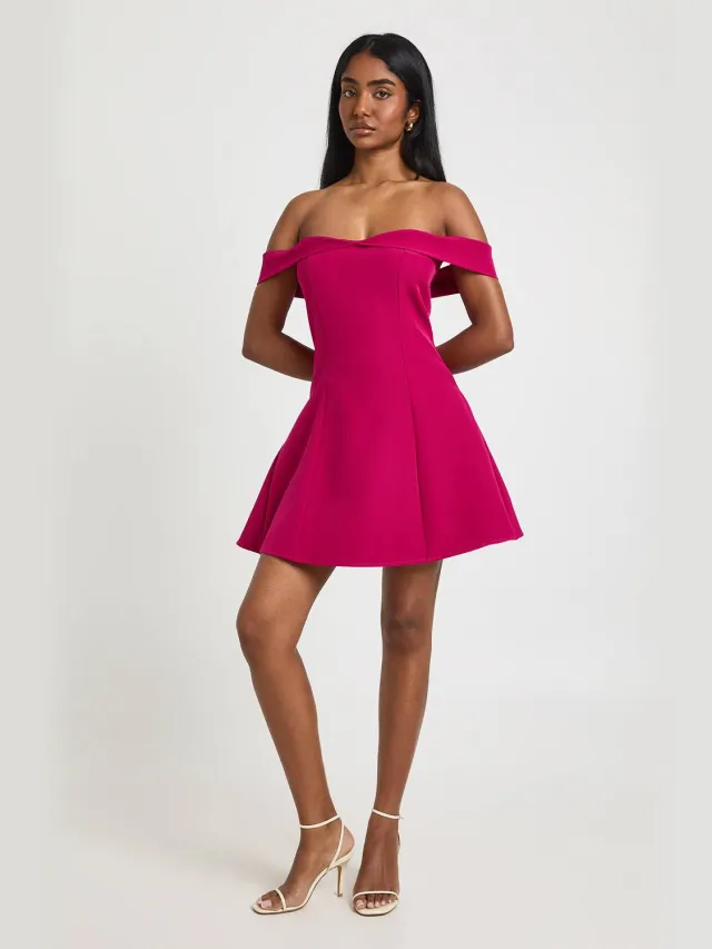 boohoo Dames Bardot Gestructureerde Mini Jurk Magenta