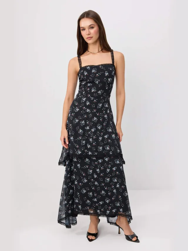 Trendyol TRENDYOLMİLLA Dames Zwart Bloemen Maxi Mouwloos A-lijn Jurken