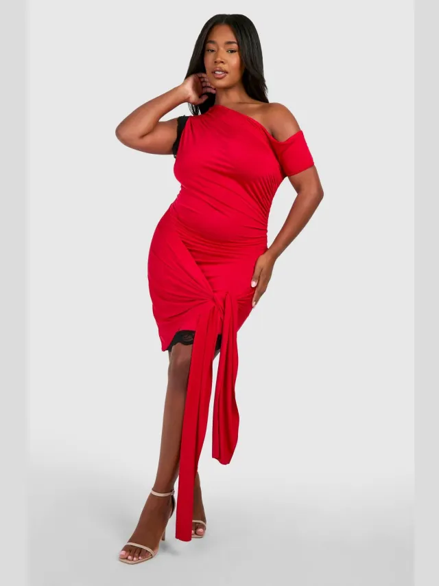 boohoo Dames Plus kantenaccent off-shoulder tie mini-jurk Rood