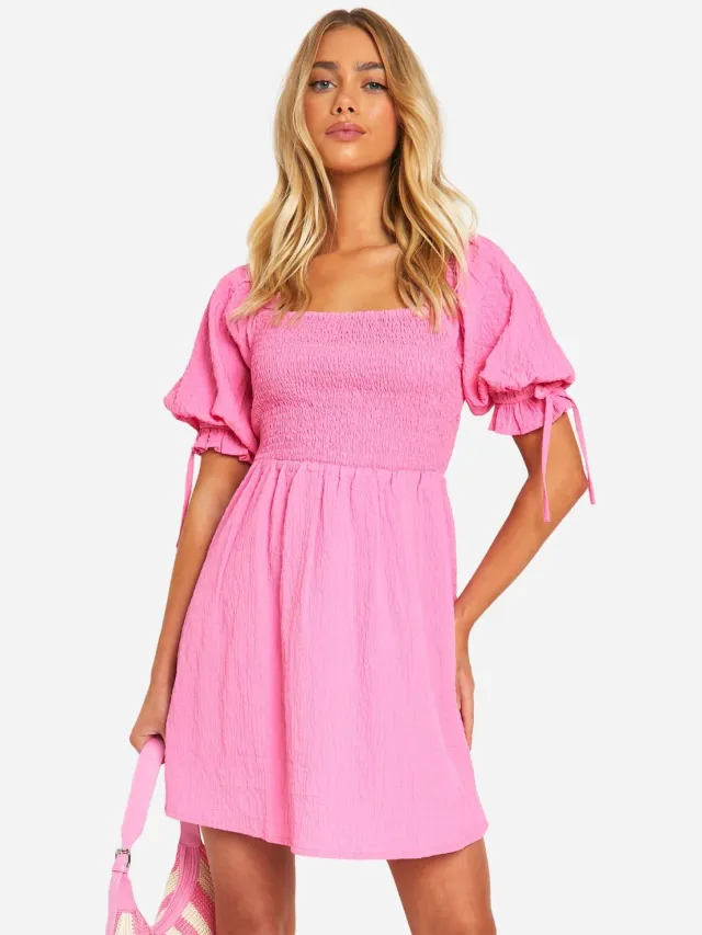 boohoo Dames Textured Puff Sleeve Smock Jurk Roze