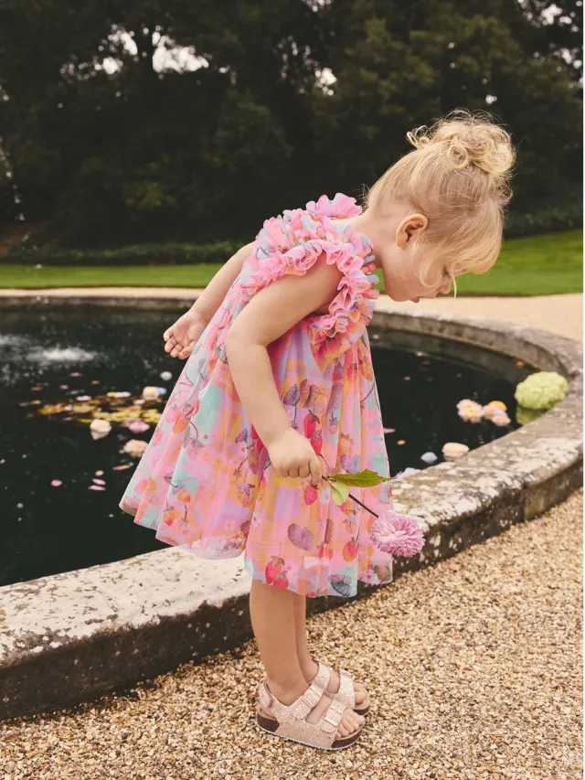 Next Meisjes - Mesh jurk met ruche op de schouders - Roze Pink