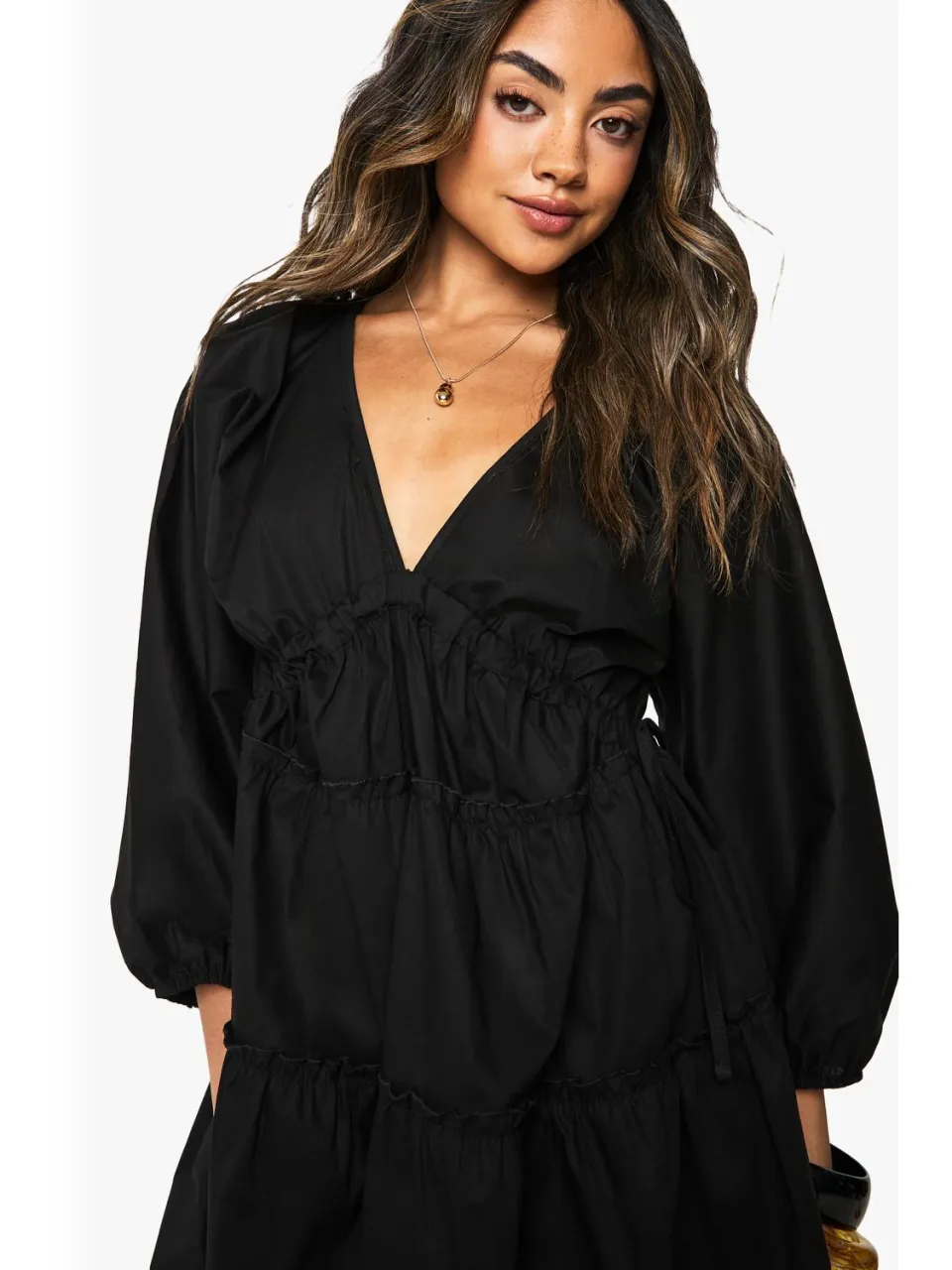 boohoo Dames Katoenen popeline gerafelde ballonmouw smock jurk zwart, foto 4