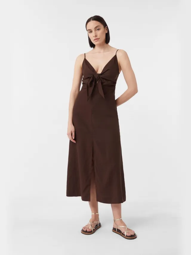 Comma female - Uitlopende maxi-jurk met knoop- en smokdetail | comma x Füsun Lindner mokka