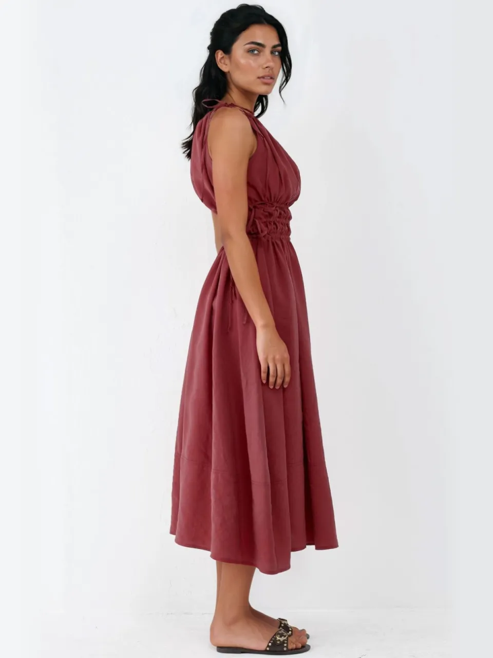 Busem Gerimpeld Strap Midi-jurk donkerrood, foto 2