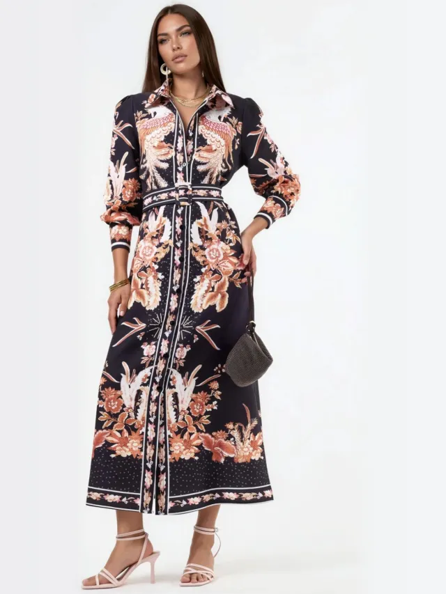 MSN Collection Bloemrijke Maxi Shirtjurk met Ceintuursluiting Veelkleurig