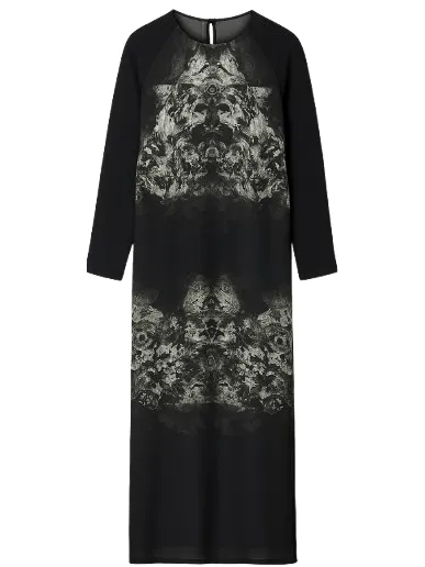 Conquista Zwarte midi-jurk met lange mouwen en artistieke monochrome print.
