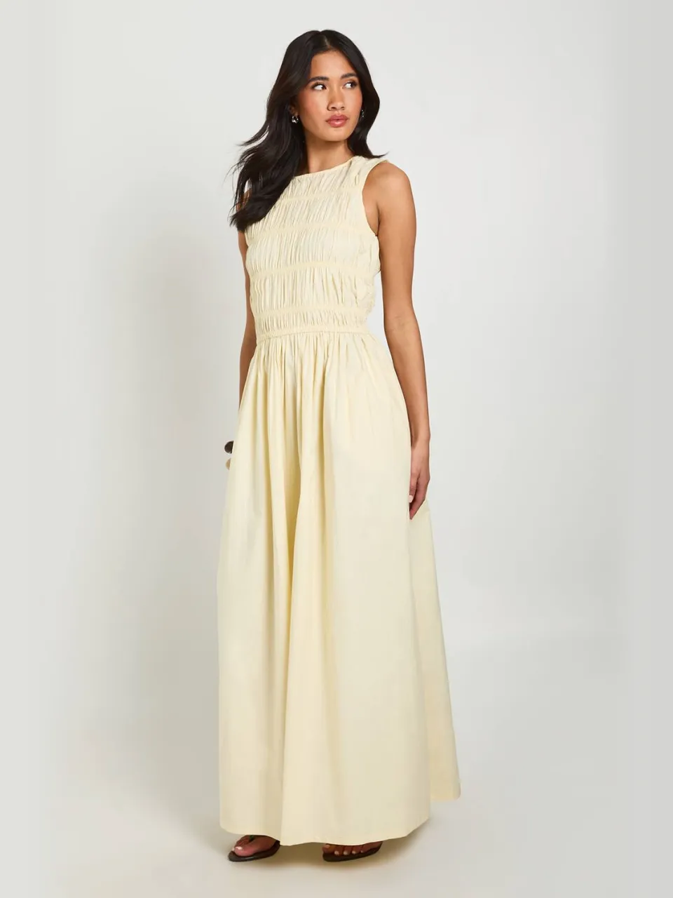 boohoo Dames Katoenen Poplin Gesmockte Maxi Jurk citroen, foto 3
