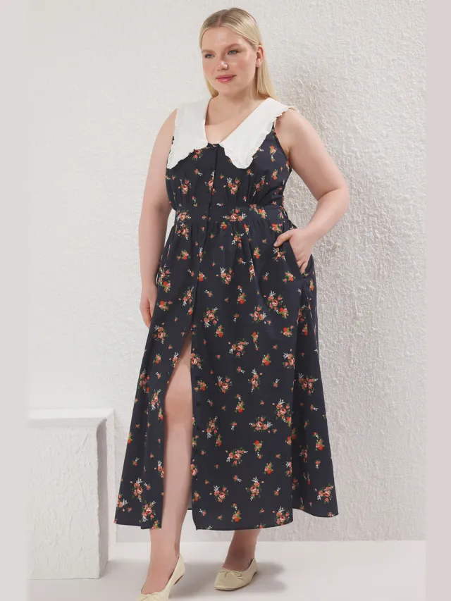 Trendyol Curve Dames Meerkleurig Bloemen Midi Mouwloos Casual A-lijn Grote maten Jurk Veelkleurig