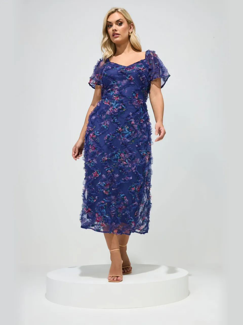 Yours London Marineblauwe Jurk Met Bloemenprint, Chevronpatroon En Ruches, foto 2