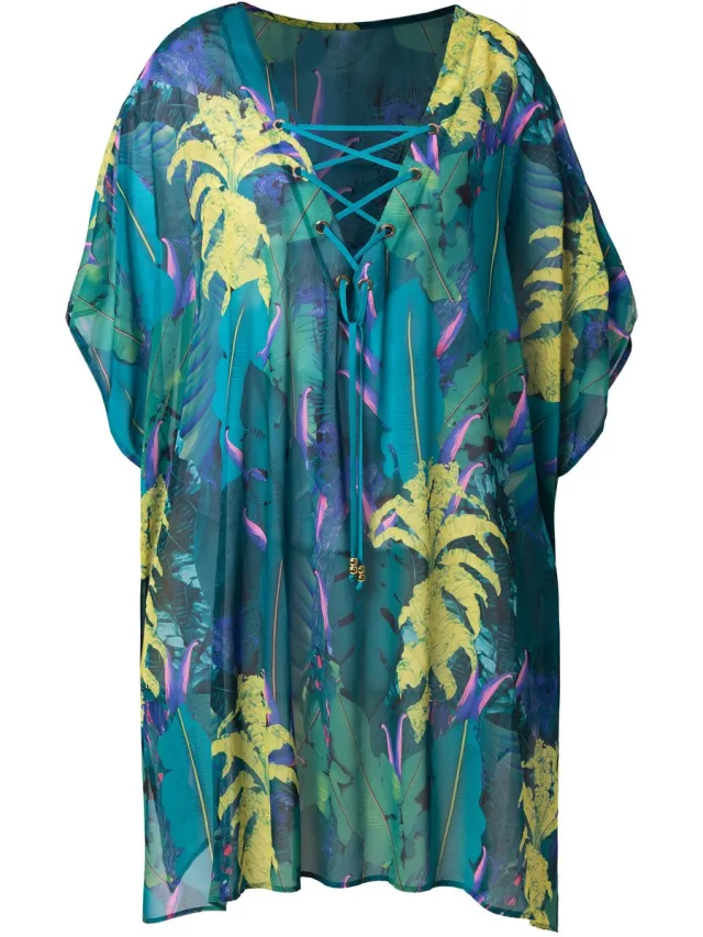 Ulla Popken Dames - Tuniek jungle V-hals vetersluiting korte mouwen - Turquoise groen - Maat 3+