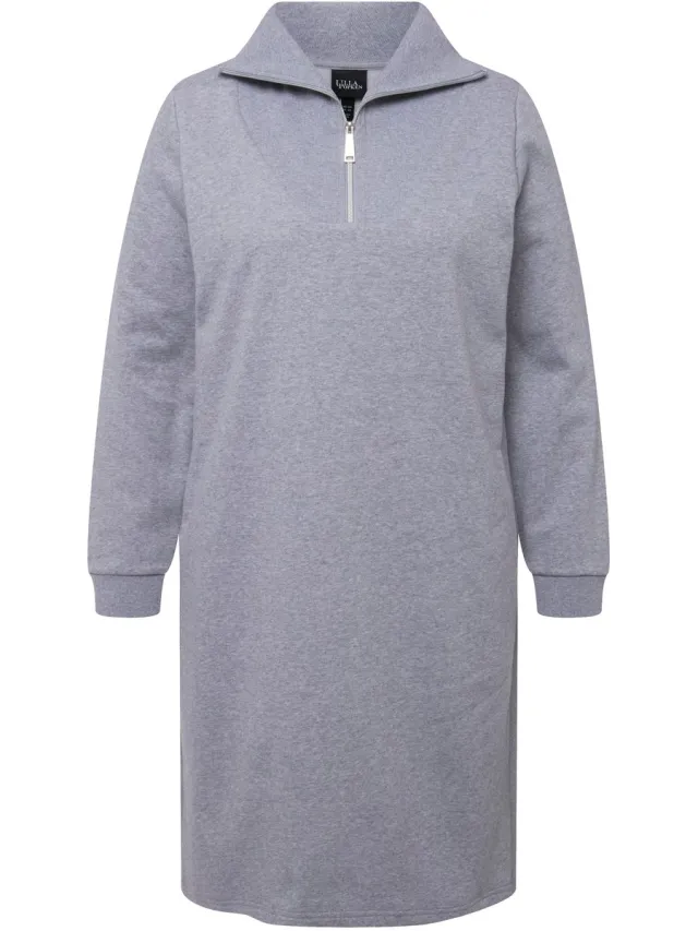 Ulla Popken Dames - Sweatjurk Troy-kraag rits lange mouw - Lichtgrijs melange - Maat 46+