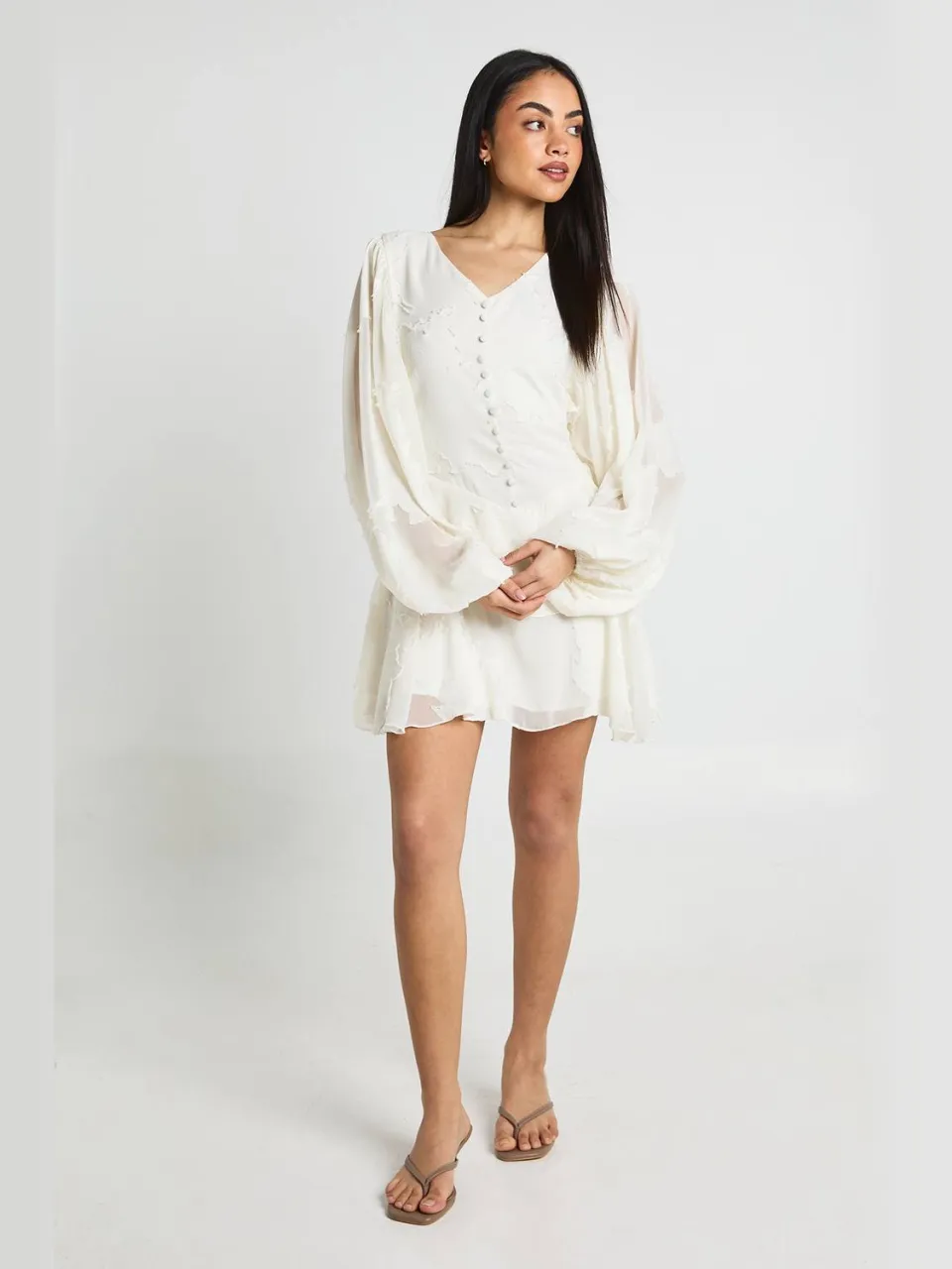 boohoo Dames Bloemige Burnout Mini-jurk Met Volumineuze Mouwen En Ruches Zoom ivoor, foto 3